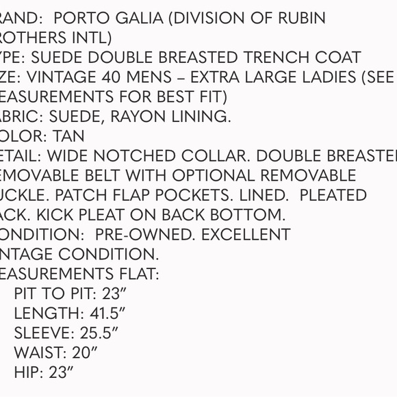 VINTAGE PORTO GALIA 70's SUEDE LEATHER TAN DOUBLE BREAST BELTED TRENCH COAT14/16 - Picture 13 of 13